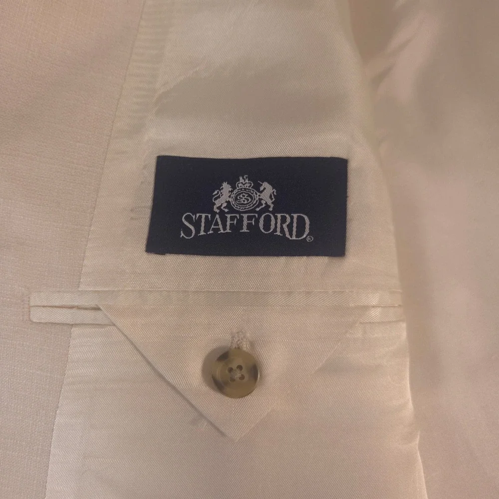 Stafford Blazer Mens 46R Cream Linen Blend Two Button Sport Coat Pocket Square
